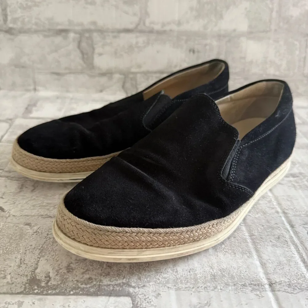 Tods Black Suede Rope Edge Mens Elasticated Side Panel Flat Rubber Loafer Sz 6